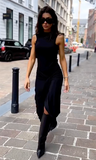 sleeveless black tight pleated dress