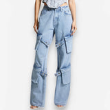 Retro multi-pocket design strap jeans