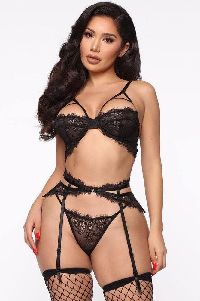 lace mesh 3 piece lingerie set.
