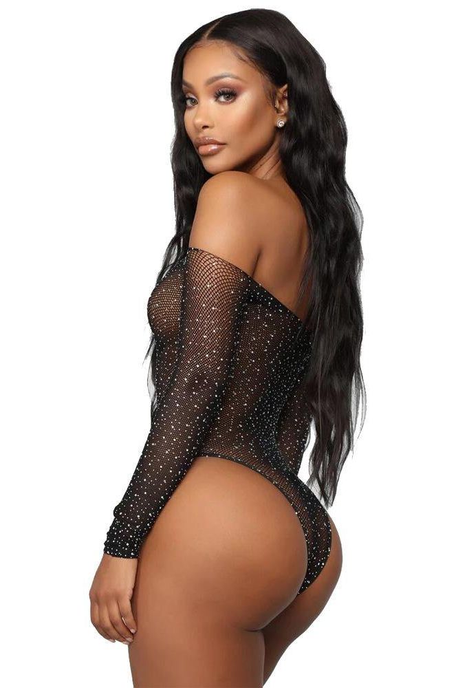 Strapless Rhinestone Mesh Stretch Bodysuit.