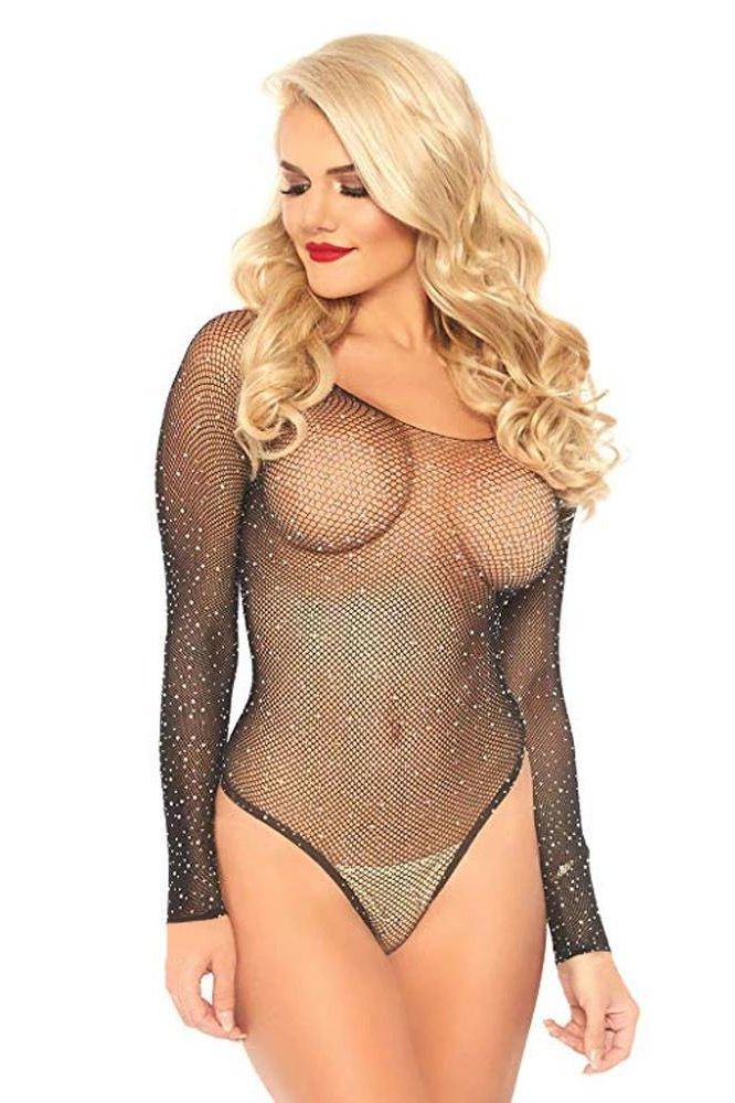Strapless Rhinestone Mesh Stretch Bodysuit.