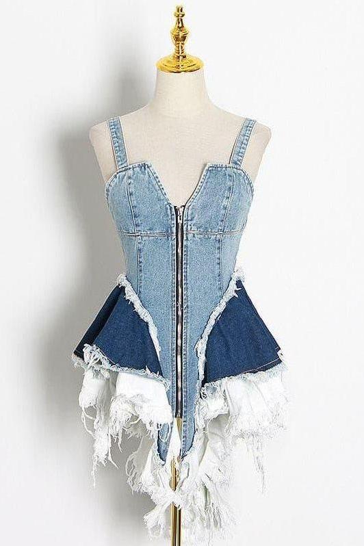 lotus leaf stitching slim blue denim dress.