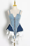lotus leaf stitching slim blue denim dress.