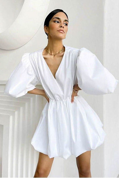 Elegant White Satin High Waist Lantern Puff Sleeve Dress – The Woman Concept