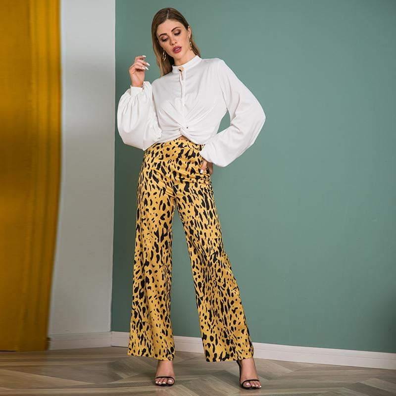 Casual Long Wide Leg Leopard Print Pants - the woman concept