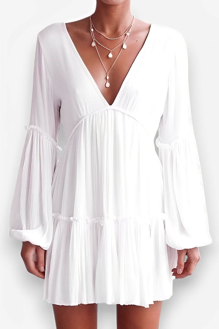 Deep V Neck Lantern Long Sleeve Dress - Dresses from The Woman Concept