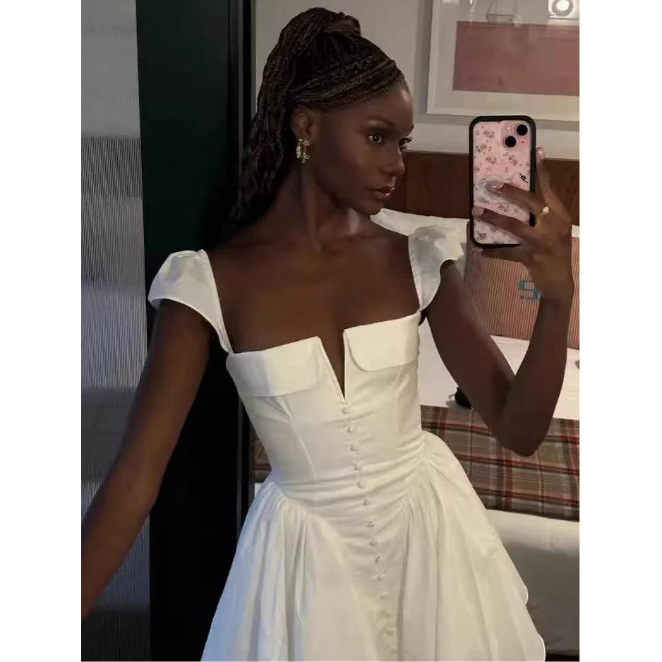 V-neck White Pleated Short Dress - view 3