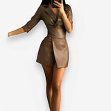 Pu leather suit collar leather jacket dress