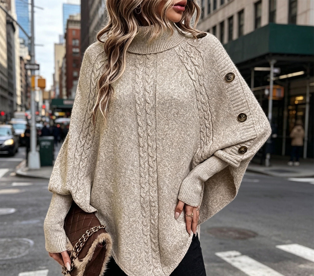 Cable Knit Turtleneck Poncho Sweater in khaki