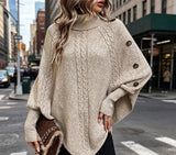 Cable Knit Turtleneck Poncho Sweater in khaki