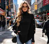 Cable Knit Turtleneck Poncho Sweater in black – view 2