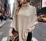 Cable Knit Turtleneck Poncho Sweater in khaki – view 4
