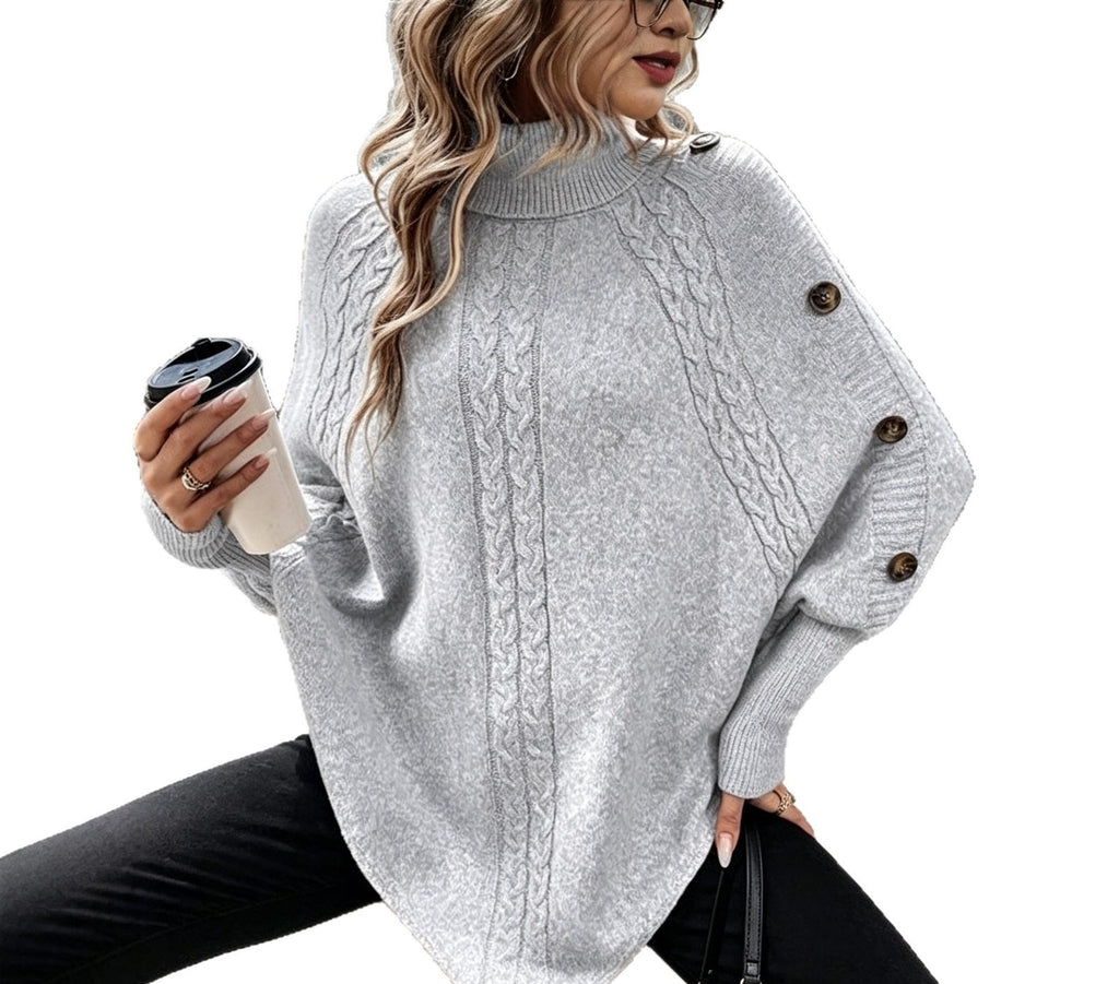 Cable Knit Turtleneck Poncho Sweater in grey – view 3
