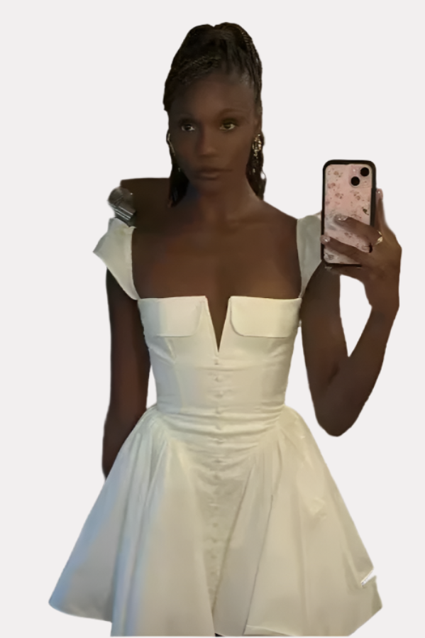 V-neck White Pleated Short Dress - view 2