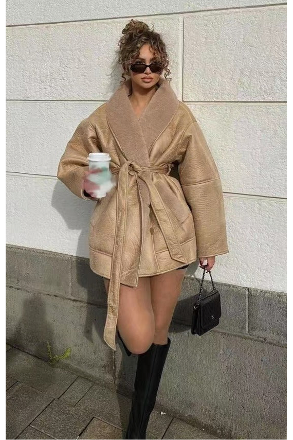 Cashmere Leather Fur Collar Composite Belt Coat - view 8