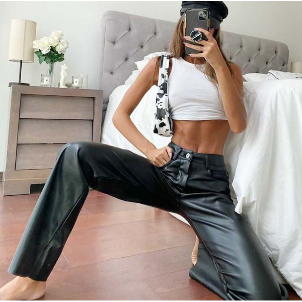 PU leather slim black pants
