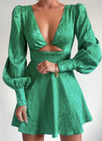 hollow jacquard lantern sleeve dress
