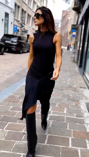 sleeveless black tight pleated dress