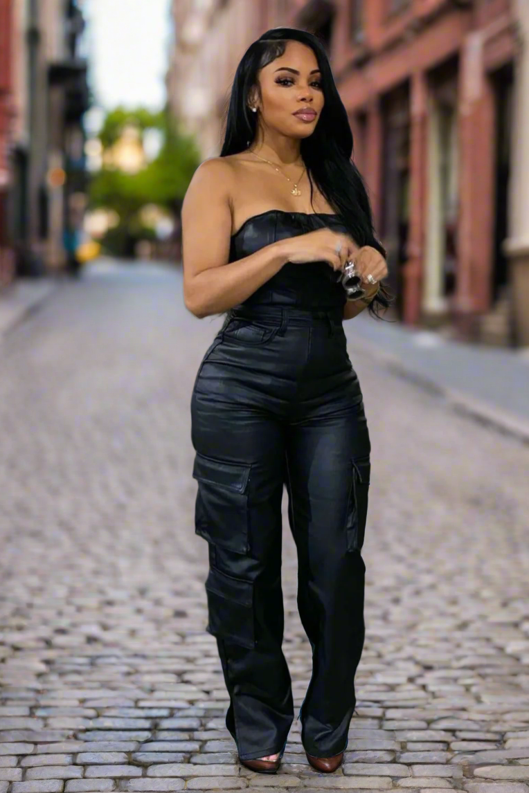 PU leather pocket casual jumpsuit - view 6