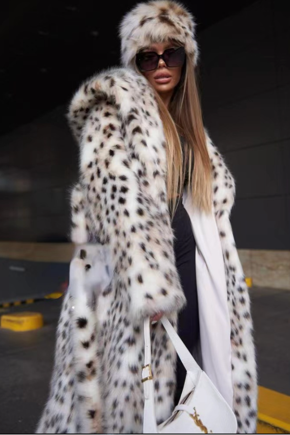 Hooded Leopard Print Faux Fur Long Coat - view 2