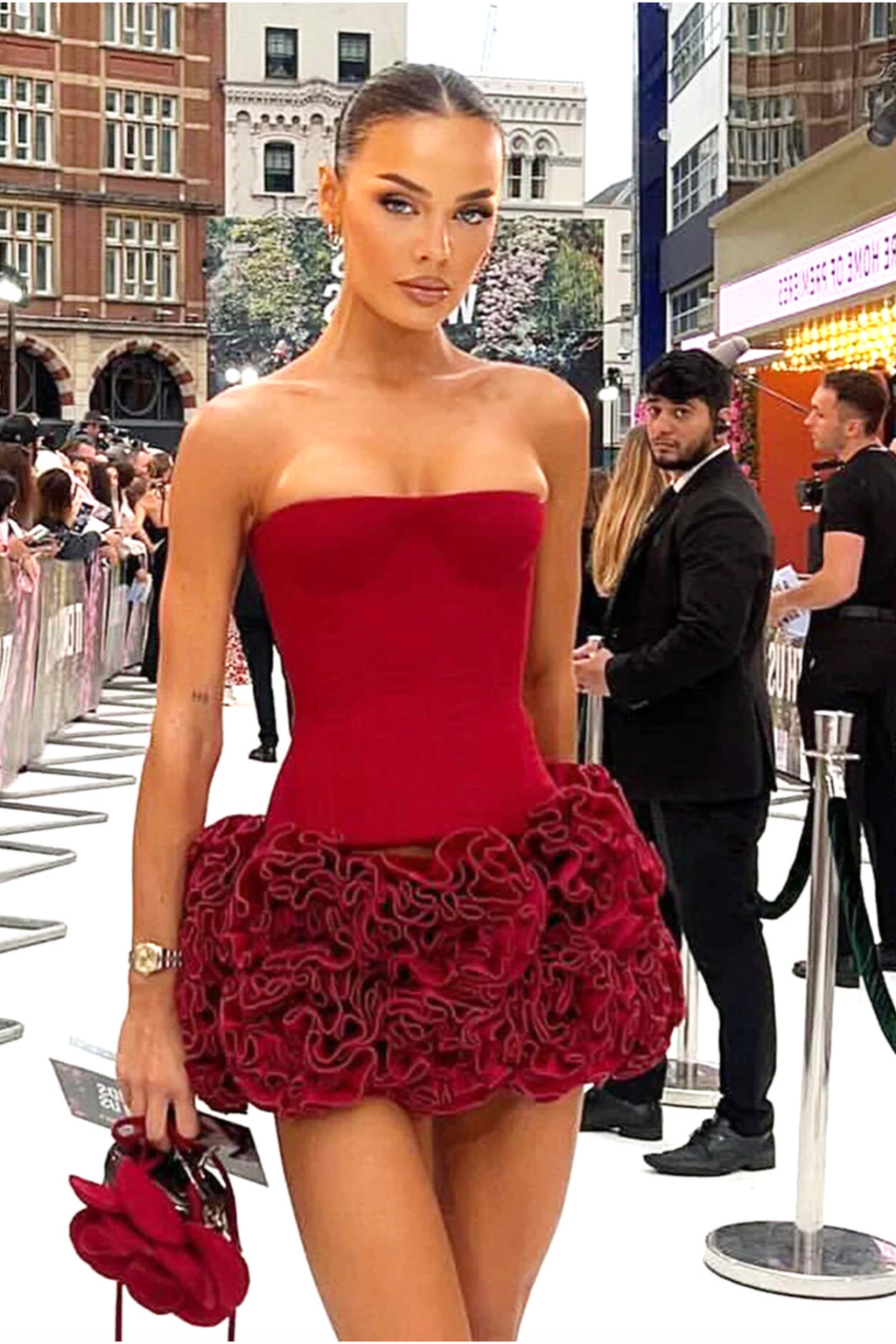 Strapless Corset Floral Ruffle Red Dress - view 5