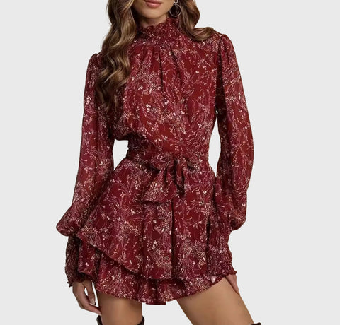 Crimson Bloom Ruffle Dress
