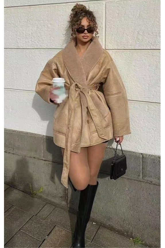 Cashmere Leather Fur Collar Composite Belt Coat - view 6