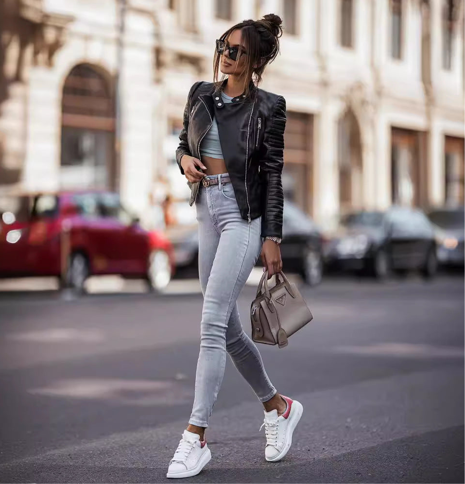 Casual Zip Up Leather Biker Jacket - view 3