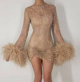 Rhinestone Metal Mesh Feather Cuff Mini Dress in nude - view 6