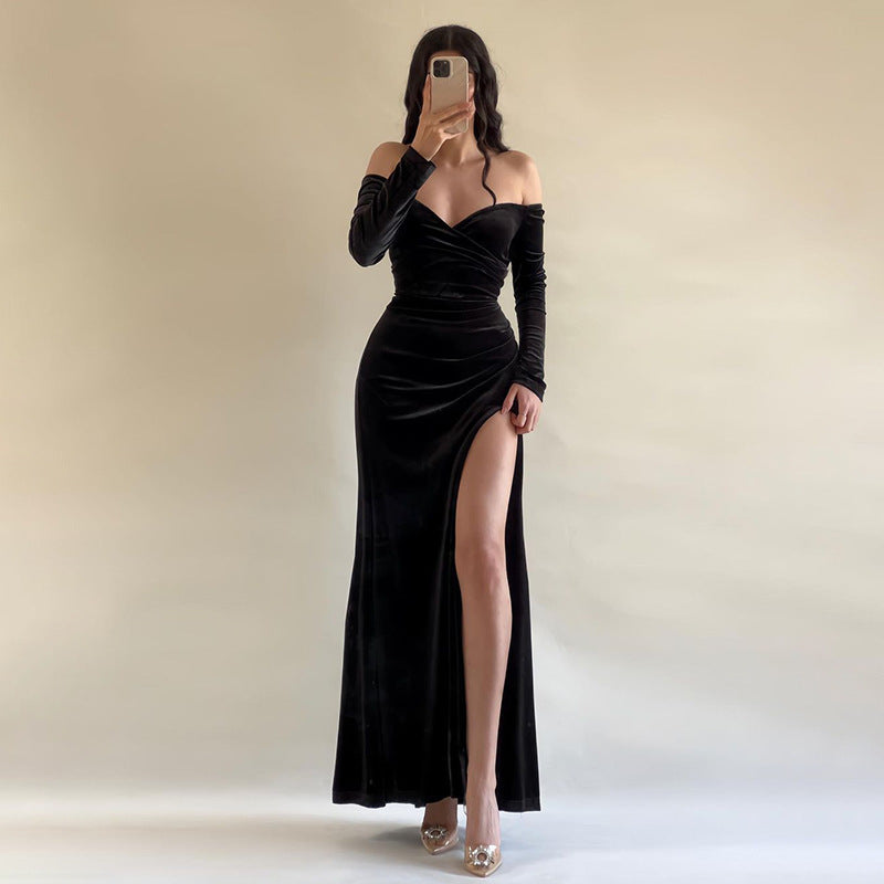 Velvet Off-Shoulder High-Slit Maxi Dress in black - view 4