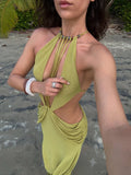 Olive Halter Cutout Draped Maxi Dress in olive - view 6