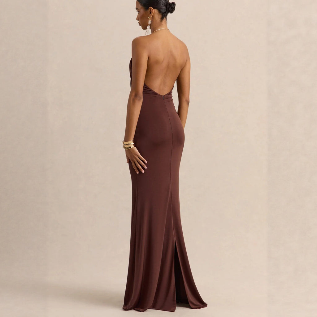 Chocolate Halter Draped Mermaid Maxi Dress in chocolate - view 4