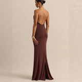 Chocolate Halter Draped Mermaid Maxi Dress in chocolate - view 4