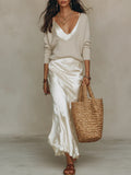 Rib Knit V-Neck Sweater and Satin Slip Skirt Set in ivory - view 6