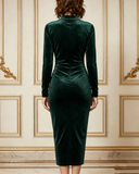 Emerald Velvet Mock Neck Ruched Midi Dress in emerald - view 2