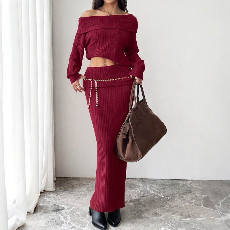 Burgundy Off-Shoulder Ribbed Knit Skirt Set in burgundy