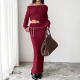 Burgundy Off-Shoulder Ribbed Knit Skirt Set in burgundy