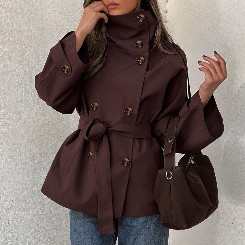 Cropped Stand Collar Belted Trench Jacket in chocolate