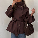 Cropped Stand Collar Belted Trench Jacket in chocolate