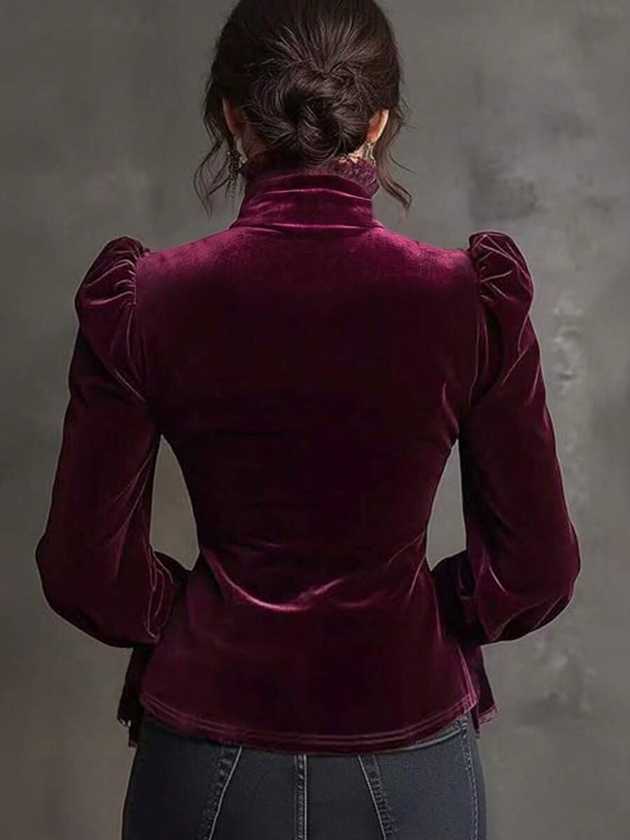 Burgundy Velvet Ruffle Bow-Neck Blouse in burgundy - view 3