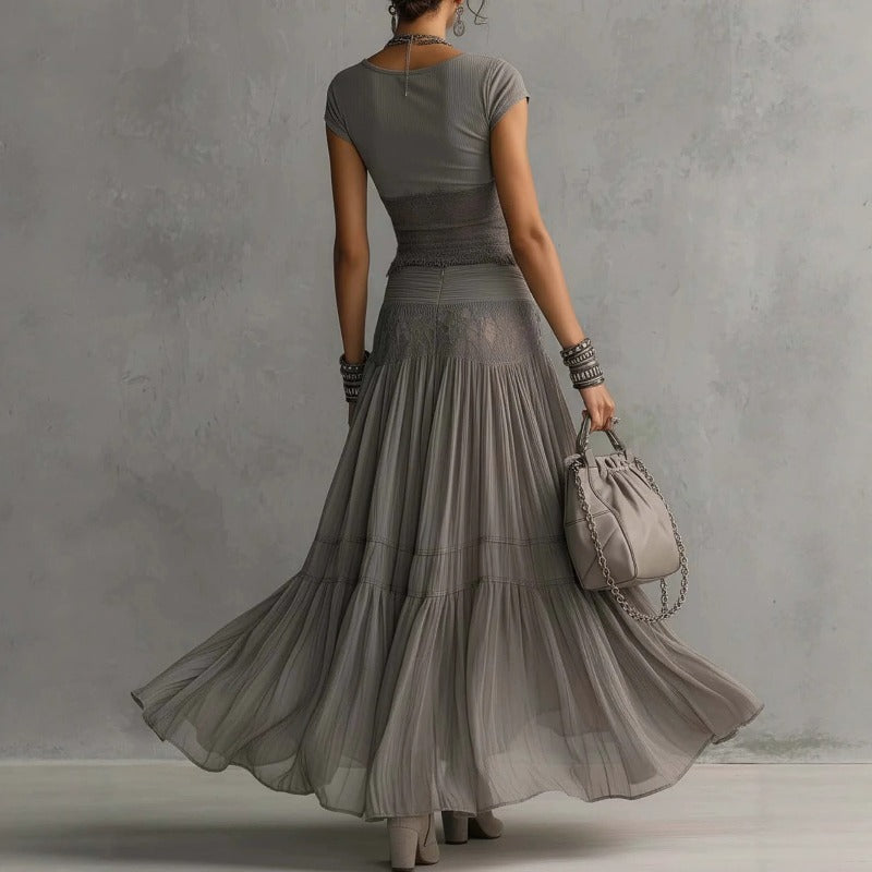 Ribbed Crop Top and Tiered Chiffon Maxi Skirt Set in grey - view 3