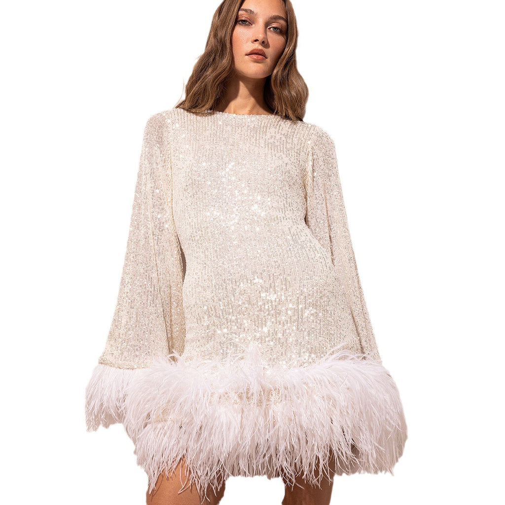 Sequin Feather Trim Flare Sleeve Mini Dress in champagne - view 5