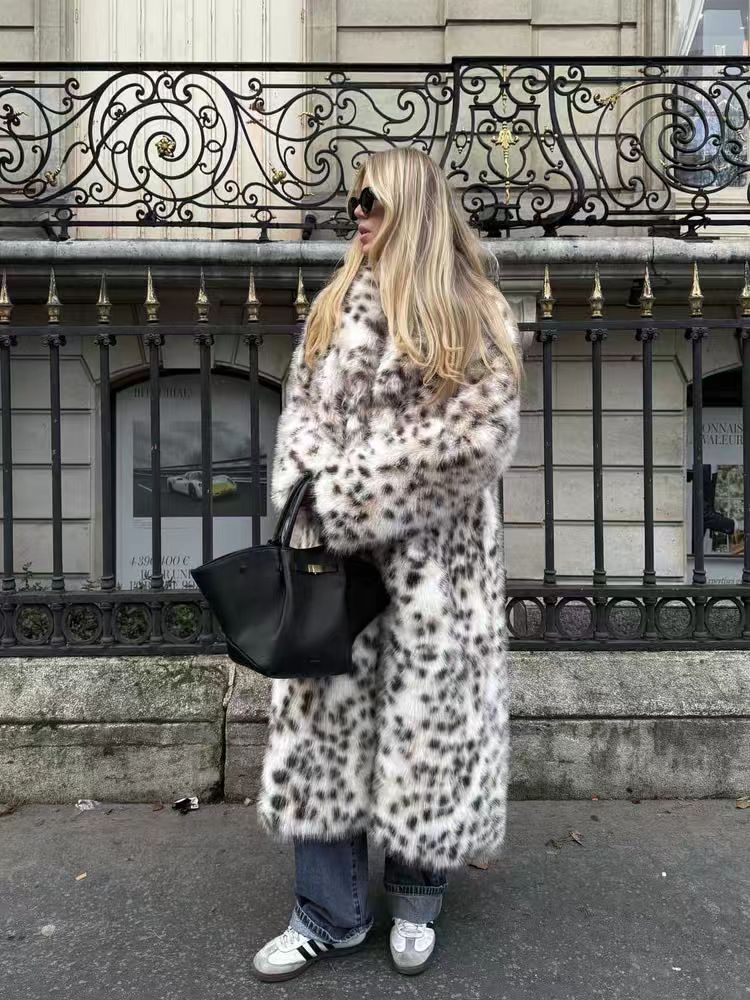 Snow Leopard Faux Fur Long Coat in snow leopard - view 5
