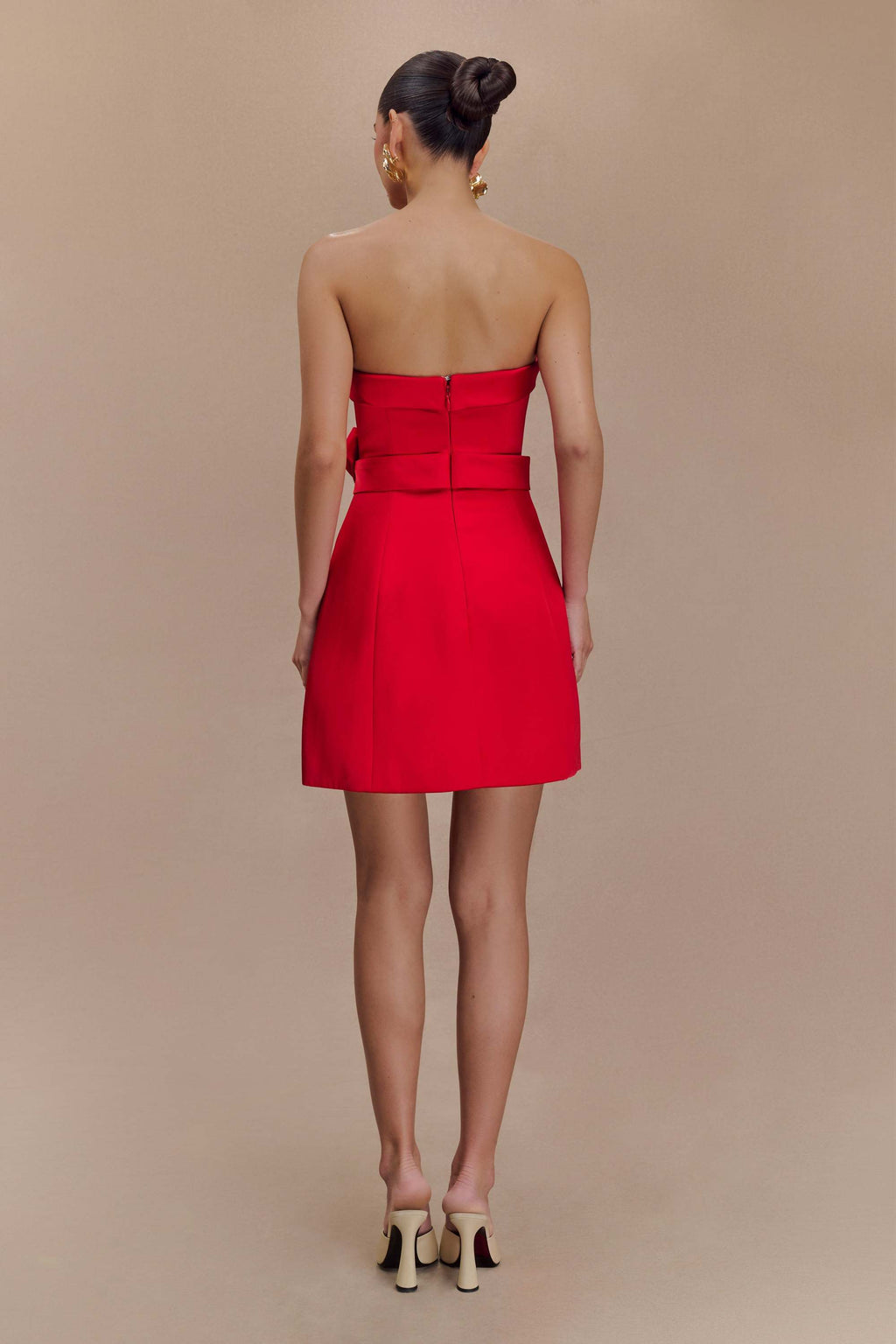 Red Satin Strapless Bow Mini Dress in red - view 2