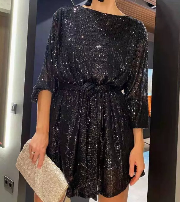 Sequin Long Sleeve Tie Waist Flowy Mini Dress in black - view 5