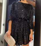 Sequin Long Sleeve Tie Waist Flowy Mini Dress in black - view 5