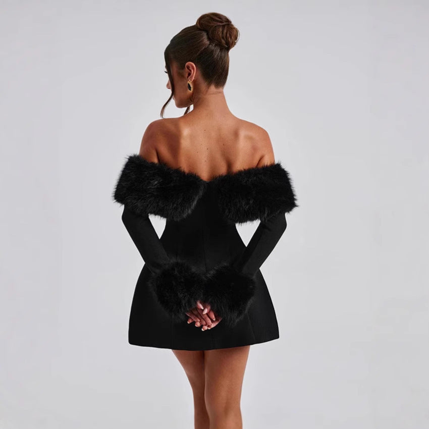 Off Shoulder Faux Fur Trim Skater Mini Dress in black - view 4