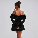 Off Shoulder Faux Fur Trim Skater Mini Dress in black - view 4