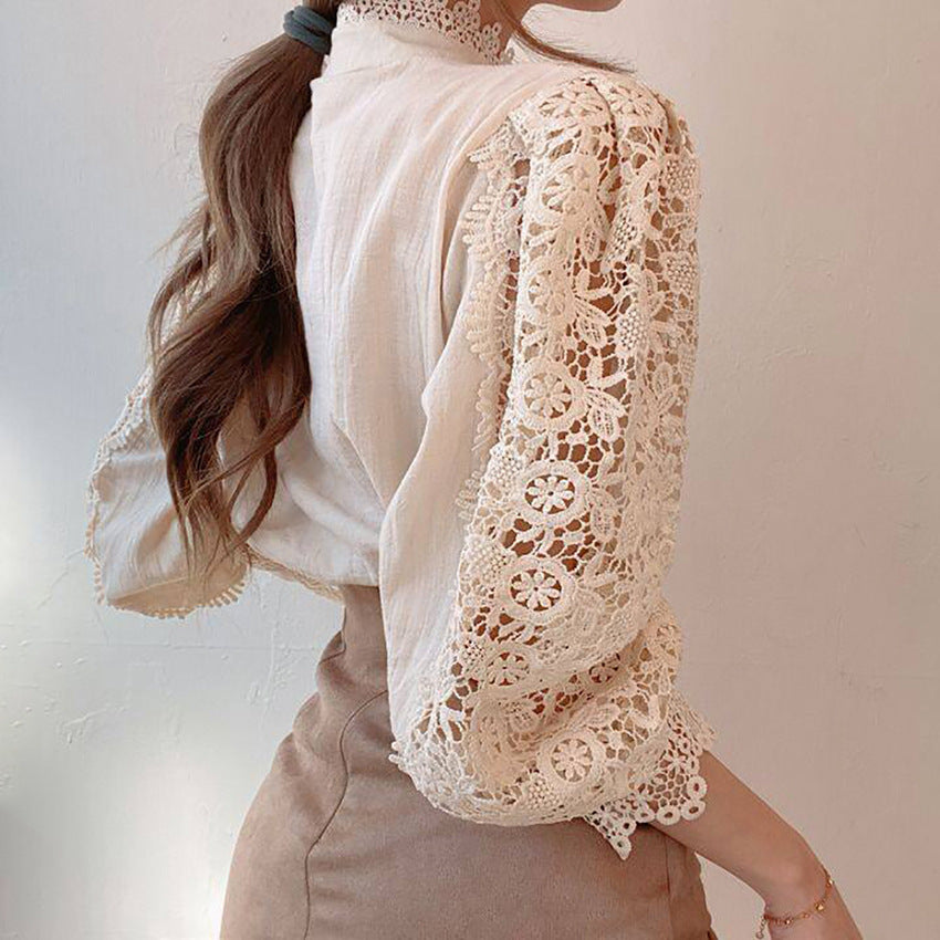 Vintage Crochet Lace High-Neck Blouse in cream - view 4
