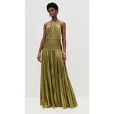 Gold Metallic Pleated Halter Maxi Dress in gold - view 5